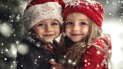 happy smiling children near the Christmas tree, Christmas celebration