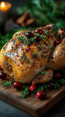 artistic close-up of a perfectly roasted turkey garnished with herbs and cranberries, set on a rustic wooden table with soft candlelight, ideal for a warm smartphone wallpaper