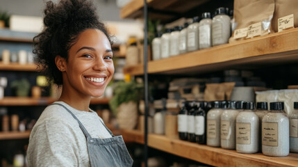 Cheerful small business entrepreneur organizing products on shelves, creating a positive and inviting shopping environment