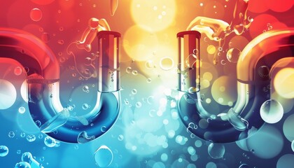 A colorful vector illustration of two different types of ice and water pipes, one with hot air above it on the left side, one with cold air below it on the right side, set against an abstract backgrou