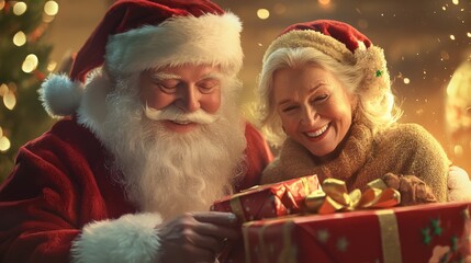 Smiling Santa Claus sharing joyful Christmas gift moment with woman by the Christmas tree, surrounded by festive lights and holiday cheer