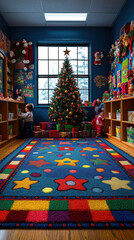 Sticker - inviting classroom filled with Christmas decorations, including a colorful tree, holiday crafts on the walls, and students joyfully exchanging gifts, perfect for a cheerful smartphone wallpaper