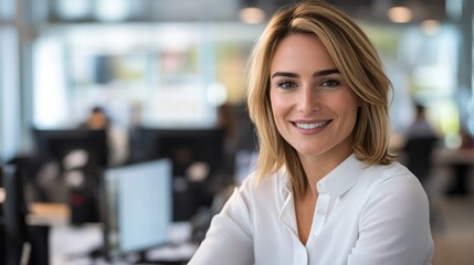 Confident smiling businesswoman in a red suit standing in a modern office setting with natural light and a vibrant atmosphere