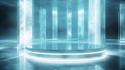 Canvas Print - Futuristic glowing blue platform with pillars and smoke in empty room.