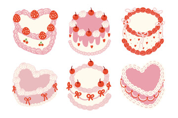 vintage cake pink tone vector illustration with cherries, strawberry, whipped cream, coquette ribbon