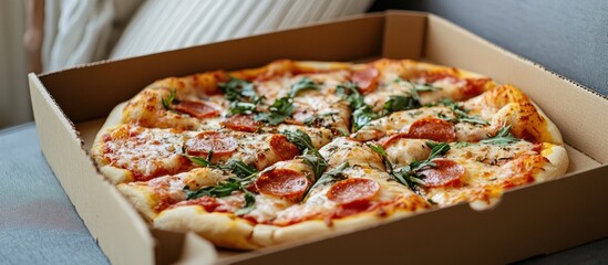 Wall Mural - A delicious pepperoni pizza with fresh arugula in a cardboard box.