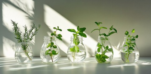 Herbs in glass jars on a sunlit windowsill create a tranquil setting. Glass jars with various herbs bask in soft sunlight on a white surface.