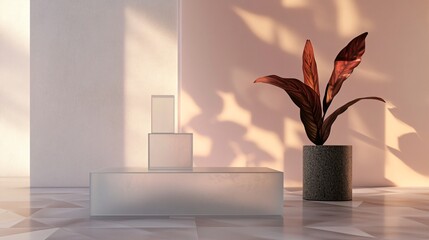 Sticker - Glass Podium with Plant on White and Pink Wall.