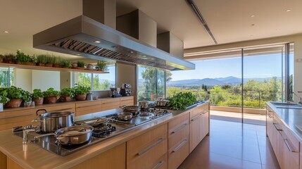 Poster - This modern kitchen boasts warm wooden cabinetry, an expansive island, and floor-to-ceiling windows that let in abundant natural light, creating a welcoming ambiance perfect for cooking