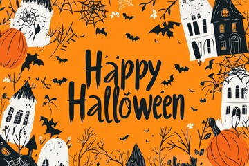 Wall Mural - Halloween-themed background with spooky elements like pumpkins, spider webs, and a haunted house silhouette Black text 