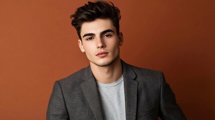 A bust shot of a confident young male fashion model, posing with business casual clothes against a vibrant soft brown studio background