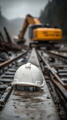 Wall Mural - Safety Helmet on Railway Tracks with Excavator in Background.