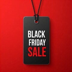 Poster - A rectangular black tag with a hole at the top, suspended by a black string, centered against a solid red background. Subject: The tag features bold, white uppercase text reading 'BLACK FRIDAY'