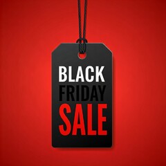 Poster - A rectangular black tag with a hole at the top, suspended by a black string, centered against a solid red background. Subject: The tag features bold, white uppercase text reading 'BLACK FRIDAY'