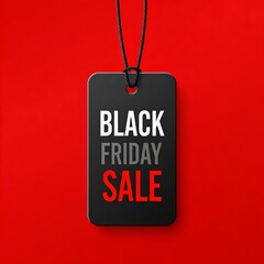Poster - A rectangular black tag with a hole at the top, suspended by a black string, centered against a solid red background. Subject: The tag features bold, white uppercase text reading 'BLACK FRIDAY'