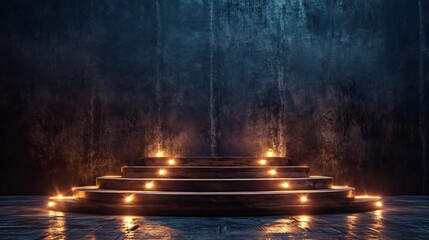 Wall Mural - Illuminated wooden podium with dark blue grunge background.