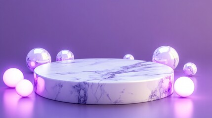 Poster - Marble pedestal with spheres on a purple background.