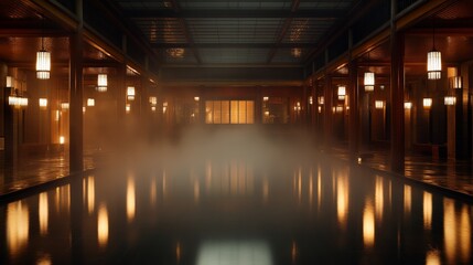 Poster - Step into a serene traditional oriental spa where a large thermal pool invites relaxation. Surrounded by intricately tiled columns, gentle steam and warm lantern light create a peaceful ambience