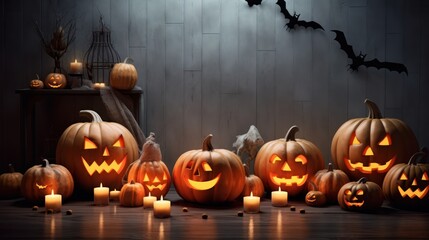 Wall Mural - Halloween Pumpkins with Glowing Faces