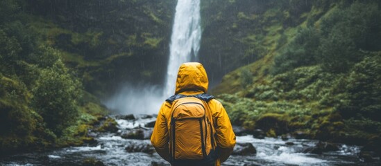 Wall Mural - a person in a yellow raincoat stands facing a waterfall in a lush green forest.