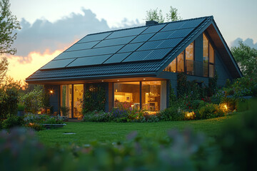 Poster - solar panels covering the roof of a modern house, providing clean energy. concept of technology.