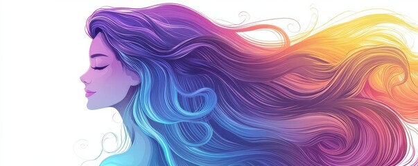 Beautiful woman with long colorful hair flowing in vibrant hues of purple, blue, and orange. Dreamy and serene expression.