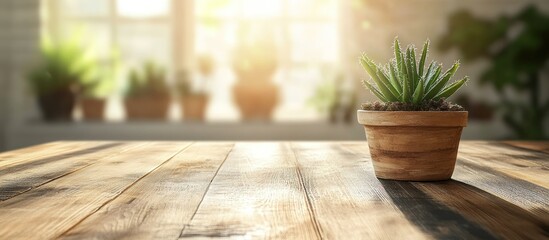 Sticker - A potted succulent plant on a rustic wooden table with a sunny window background.