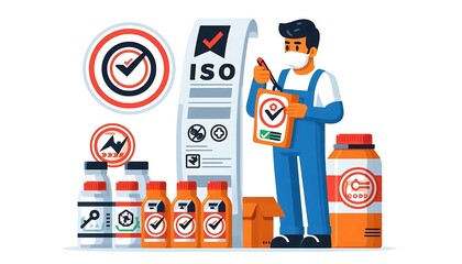 worker labeling products after passing an ISO compliance check in flat design isolated on white