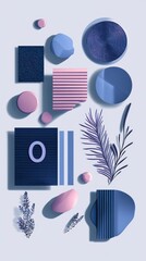 Poster - Abstract geometric composition with blue and pink shapes on a light blue background, featuring lines, circles, and botanical elements for modern design inspiration.