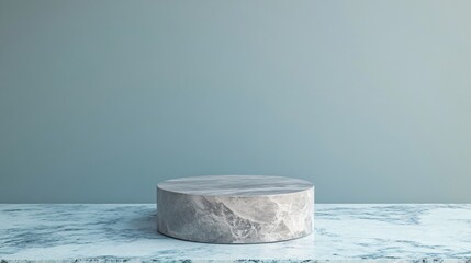 Poster - Minimalist marble pedestal on light blue textured background.