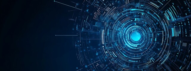 Poster - Abstract futuristic technology background with blue glowing lines and circles, digital data flow concept.