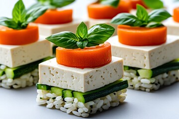 Poster - Abstract design of a vegetarian rice dish, with minimalist shapes showing tofu and vegetables arranged on a clean, white background.