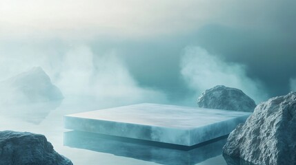 Canvas Print - Minimalist podium with stones and fog on blue background.