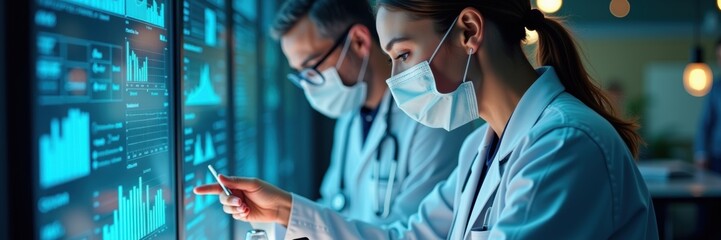 Healthcare professionals analyzing data on digital screens, highlighting the intersection of medicine and technology in a modern medical environment.