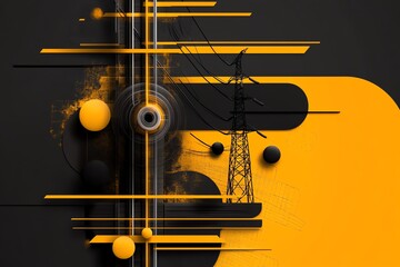 Poster - Abstract design of urban power infrastructure, using minimalist shapes to represent energy grids and substations connecting the city.