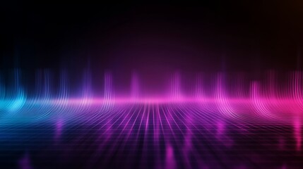 Poster - High-tech virtual reality waveforms flow across a transparent grid, illuminated by vibrant neon purple and blue lights, showcasing innovative data movement and creative potential