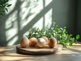 Eggs on a wooden plate on a table with a plant, easter holiday