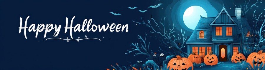 Poster - Halloween banner with a haunted house, full moon, and pumpkins against a dark blue background 