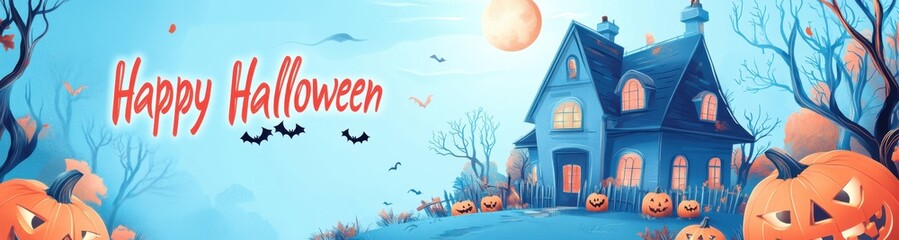Poster - a Halloween banner with a haunted house, full moon, and pumpkins on a blue background with the text 