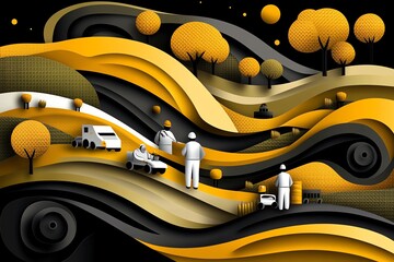 Poster - Abstract minimalist design of a rural healthcare outreach program, with clean lines and geometric shapes representing healthcare workers and patients in the countryside.