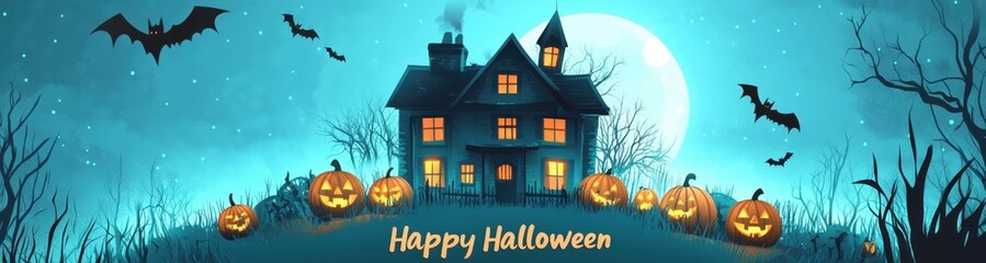 Poster - a Halloween banner with a haunted house, pumpkins, and bat silhouettes on a moonlit background The text 