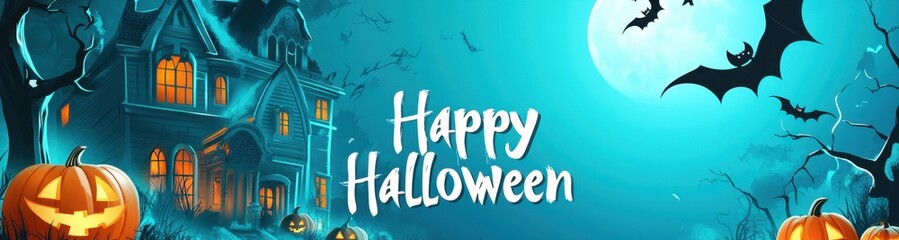 Poster - a Halloween banner with a haunted house, pumpkins, and bat silhouettes on a moonlit background text 