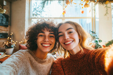 Two smiling friends taking a cheerful selfie indoors, wearing cozy sweaters, with festive decorations and warm lighting in the background