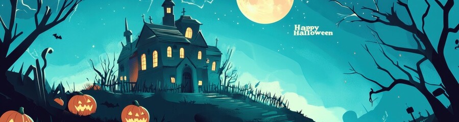 Poster - flat design halloween banner with haunted house, full moon and pumpkins on blue background template 