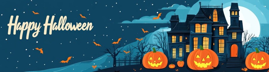 Poster - Halloween banner with haunted house, full moon and pumpkins in flat design style on blue background 