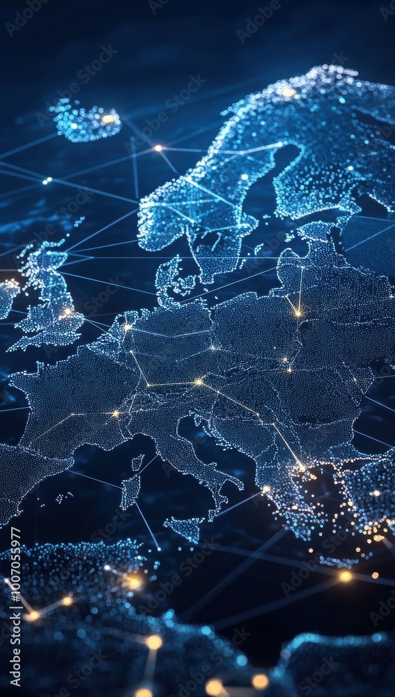 Abstract digital map of Europe with glowing connections and network ...