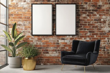 Canvas Print - Scandinavian Living Room Interior with Vertical Picture Frames and Dark Velvet Armchair