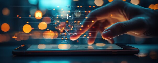Poster - Close-up of a hand interacting with a mobile device displaying social media and communication icons