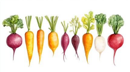 Canvas Print - A colorful assortment of fresh root vegetables displayed in a row, featuring various sizes and colors in a bright layout