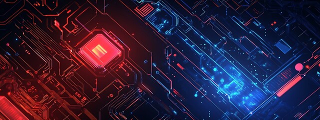Poster - Abstract futuristic technology circuit board background with red and blue glowing lines and elements.
